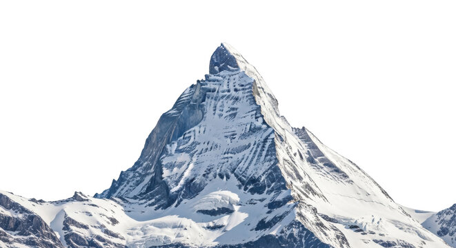 Majestic Matterhorn mountain peak isolated PNG, snow-covered Alps landscape on transparent background, iconic Swiss mountain for travel and adventure themes