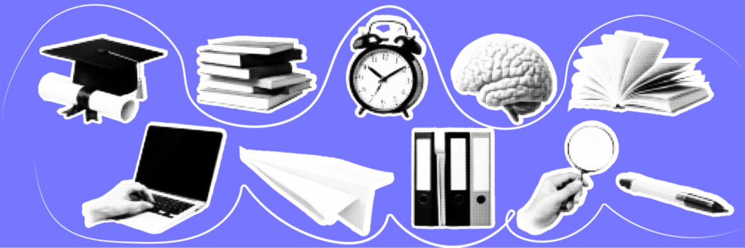 Halftone pop art dot graduation cap diploma book stack alarm clock brain laptop binder folder magnifier office education vector illustration