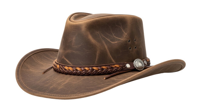 Brown leather outback hat isolated PNG, vintage style bush hat with braided band and silver concho on transparent background