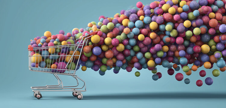 Abstract Wire Shopping Cart Filled with Colorful Spheres and Floating Bubbles for Big Data Visualization and Creative E-commerce