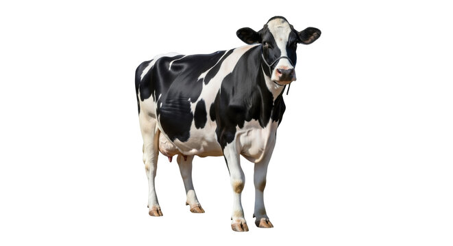 Black and white Holstein cow isolated PNG, dairy cattle standing on transparent background, farm animal for agricultural and livestock concepts