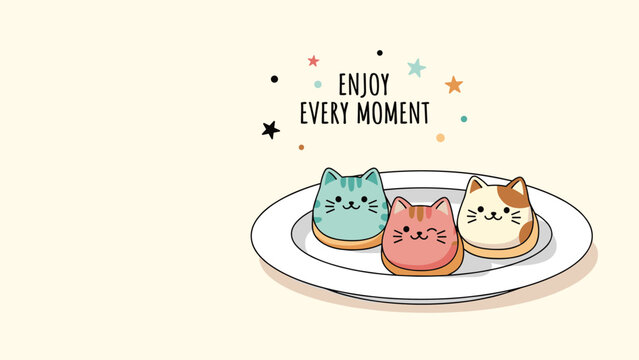 Three cute cat-shaped bread buns on a white plate with a motivational enjoy every moment message and decorative stars.