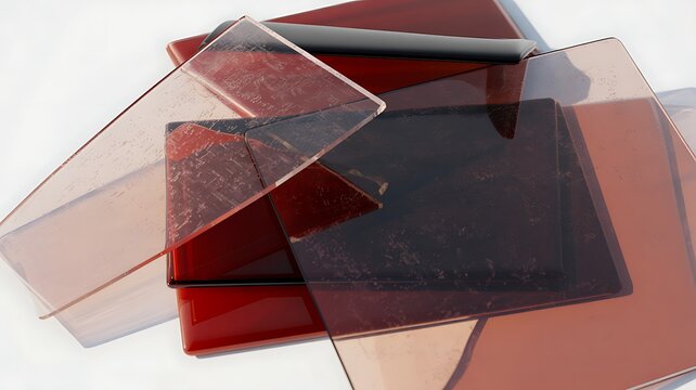 A close up abstract view of layered translucent and opaque colored glass pieces on a white background