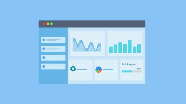 Animated flat dashboard interface with charts, graphs, and metrics updating on screen. Data analytics concept for business reporting, statistics monitoring, and digital technology visualization.