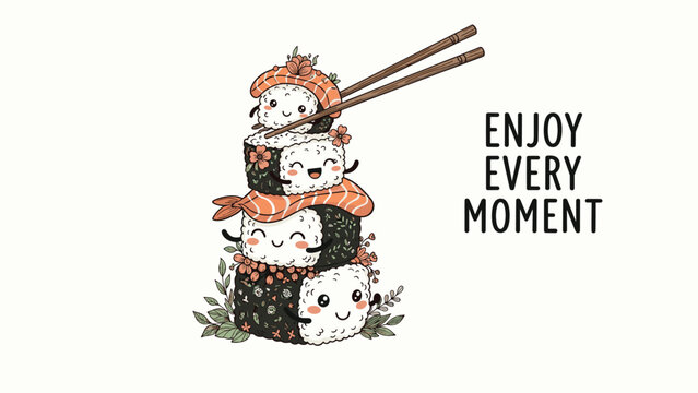 Tower of happy sushi rolls and nigiri with cute faces decorated with flowers and served with wooden chopsticks for a joyful meal.