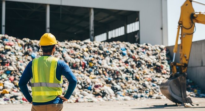 Construction worker monitoring recycling waste management at industrial plant with loader machine
