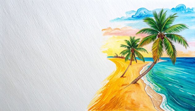 A vibrant watercolor beach with palm trees and soft sunset&mdash;serene and tropical. The flowing hues capture coastal tranquility and warm, carefree moments. free space for text.