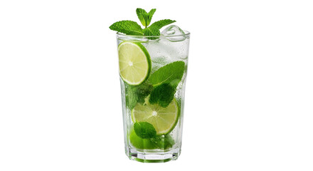 Refreshing mojito cocktail with lime and mint isolated PNG, summer drink with ice cubes on transparent background for party and bar menus