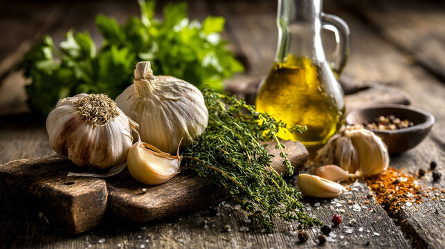 A rustic still life of garlic and herbs on a wooden table