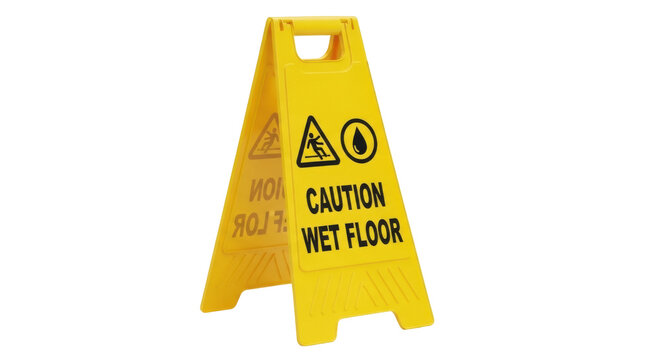 Yellow caution wet floor sign PNG isolated on transparent background, safety warning for slippery surface and cleaning in progress