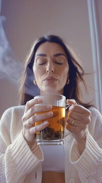 Woman with long dark hair holds a steaming cup of tea, eyes closed in a moment of relaxation, soft light illuminating her face in a cozy indoor setting