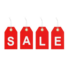 Five red sale tags with white letters isolated on transparent background