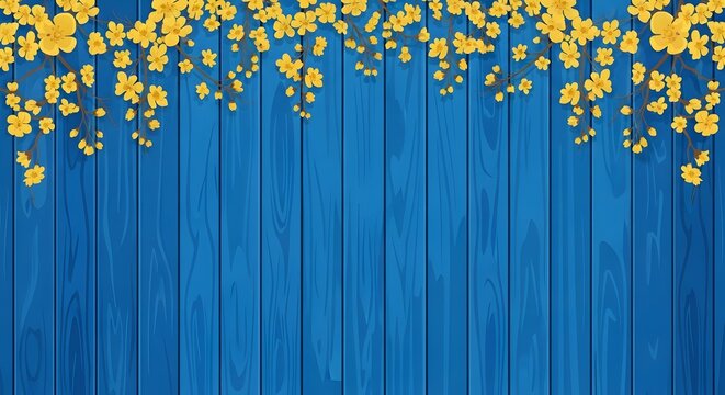 Delicate yellow blossoms adorning a vibrant blue wooden plank background creating a decorative border