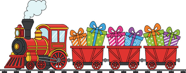 Cartoon gift train illustration, festive locomotive carrying colorful presents, cheerful holiday celebration design, playful children’s clipart concept © Mst