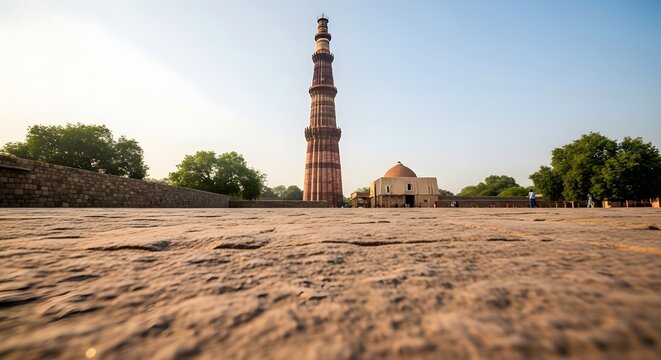 Historical qutub minar tower stands tall against clear sky at sunset in delhi india showing ancient islamic architecture and red sandstone construction within famous heritage site of mehrauli park