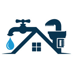 Plumbing tools and fixtures integrated into a stylized house shape