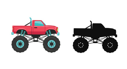 Cartoon monster truck illustration with a color and silhouette version © Tm Studio