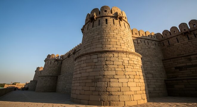 Ancient rajasthan fort wall architecture featuring massive stone bastion towers under clear blue sky during golden hour photography showcasing historic indian military fortification engineering