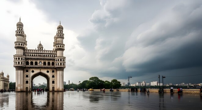 Charminar monument in Hyderabad India after rain with dark monsoon clouds and wet reflection on ground floor showing people walking near historic landmark under dramatic stormy weather conditions