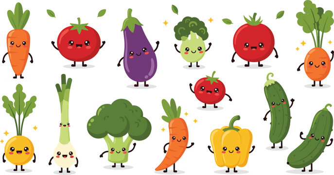 Cute kawaii vegetable character vector collection featuring happy smiling carrot tomato broccoli and eggplant for kids nutrition healthy eating education and vegan food illustration designs.