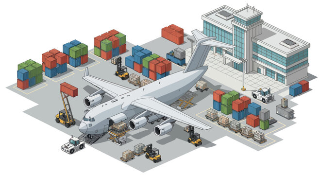 Cargo Airport Logistics: Airplane, Containers, Forklifts, Warehouse - Isometric View