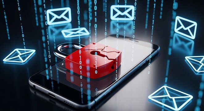 Smartphone with broken padlock, falling binary, and email icons, symbolizing data breach