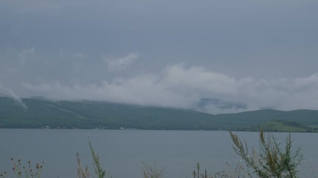 A static camera captures low-hanging clouds enveloping a lush, forested shoreline across a wide body of water. Wild tall grass is visible in the foreground under a moody, overcast sky, creating a dram