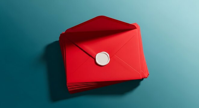 Stack of vibrant red envelopes, one opened with a white wax seal, on a teal surface