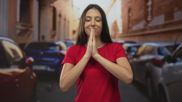 Young hispanic woman with hands pressed together in prayer on a sunlit street between parked cars; serenity gratitude.