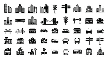 Black and white icons depicting city buildings transport and road signs © Tm Studio