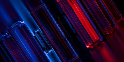 Transparent iridescent glass tech elements with vibrant violet purple blue glowing reflections on dark backdrop modern digital design banner background 3d rendering © IM_VISUALS