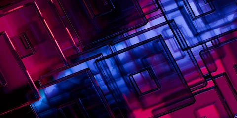 Futuristic glass abstract geometric forms with purple blue neon light refraction and holographic dispersion on dark black background technology wallpaper 3d rendering © IM_VISUALS