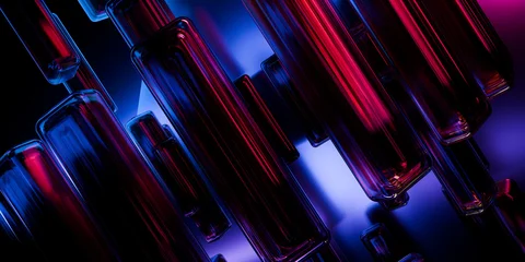 Abstract crystal glass shapes with holographic neon blue violet red light dispersion on black dark background futuristic technology graphic design visuals 3d rendering © IM_VISUALS