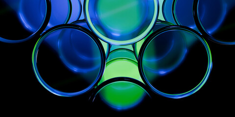 Holographic transparent crystal shapes with iridescent neon violet blue red glow on black backdrop cinematic futuristic tech banner design visuals 3d rendering © IM_VISUALS