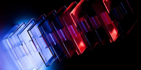 Abstract glossy glass elements with chromatic refraction and vibrant blue purple gradient light reflections on dark background digital technology cover art 3d rendering © IM_VISUALS