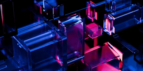 Iridescent transparent glass geometric shapes with holographic purple violet blue neon glow on dark black backdrop futuristic tech wallpaper background 3d rendering © IM_VISUALS