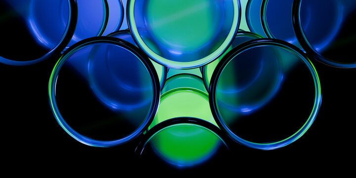 Holographic transparent crystal shapes with iridescent neon violet blue red glow on black backdrop cinematic futuristic tech banner design visuals 3d rendering