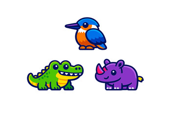 Naklejka premium Three stylized vector illustrations of a blue kingfisher, a green crocodile, and a purple rhinoceros. The cute animal characters feature thick outlines and vibrant colors on a black background.