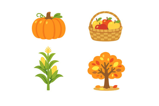 A collection of four autumn-themed illustrations featuring a large orange pumpkin, a basket of red and yellow apples, a green corn stalk, and a tree with colorful fall leaves.