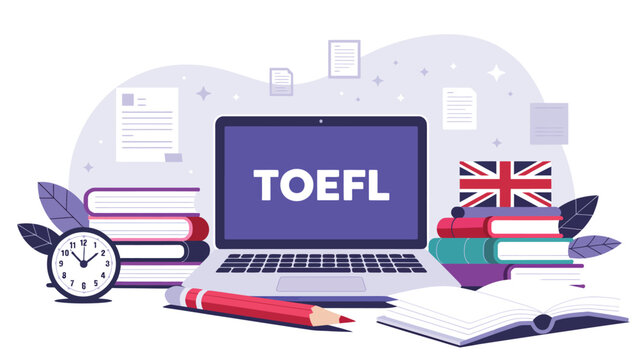 Student preparing for TOEFL English language test with laptop books and study materials, international exam preparation and education concept illustration