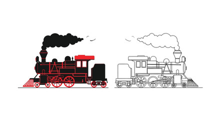 Stylized illustration of a vintage steam locomotive in two color schemes © Tm Studio