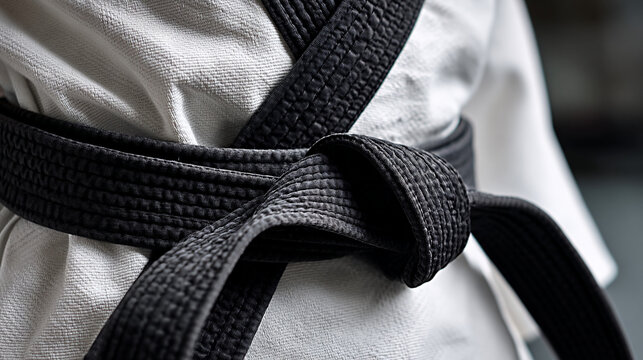 Close up of tied black belt on karate gi, showcasing the texture and details of the fabric, with a clean and minimal background emphasizing the martial arts uniform