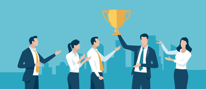 Winner. Congratulations. Team celebrating the winner. Vector business illustration.