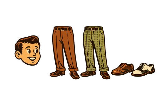 A retro character creation set featuring a smiling man's head, two