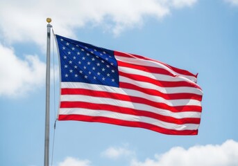 Obraz premium American flag waving on a pole against blue sky with clouds