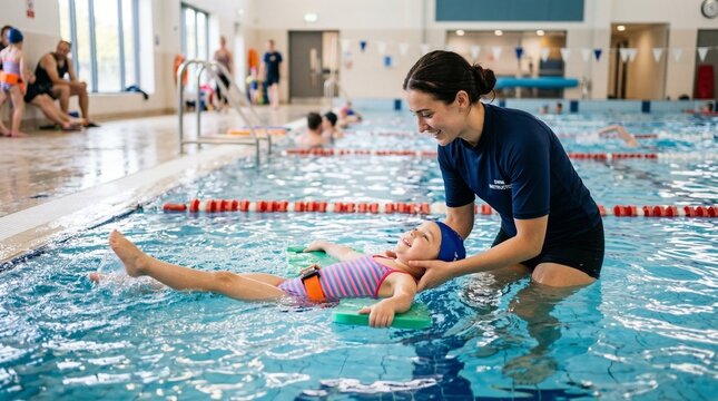 Smiling female swim instructor teaching young girl to float on back in indoor swimming pool with colorful swim caps and kickboards