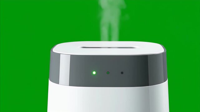 Close Up View Of A White And Gray Smart Composter Device Emitting A Gentle Steam With Three Green Indicator Lights On A Seamless Green Screen Background