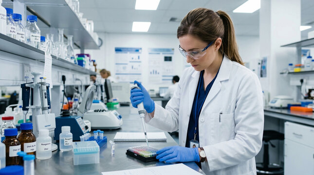 Female scientist wearing safety glasses working with pipette in modern laboratory conducting experiment with reagents and test tubes in white sterile environment