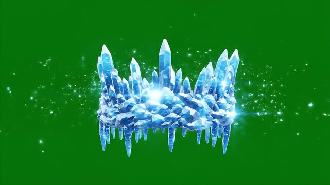CloseUp of a Gleaming Ice Crown With Icicles Spinning and Sparkles Against a Vibrant Green Screen Background