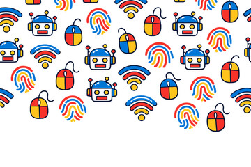 Colorful vector pattern with technology icons including robots, mice